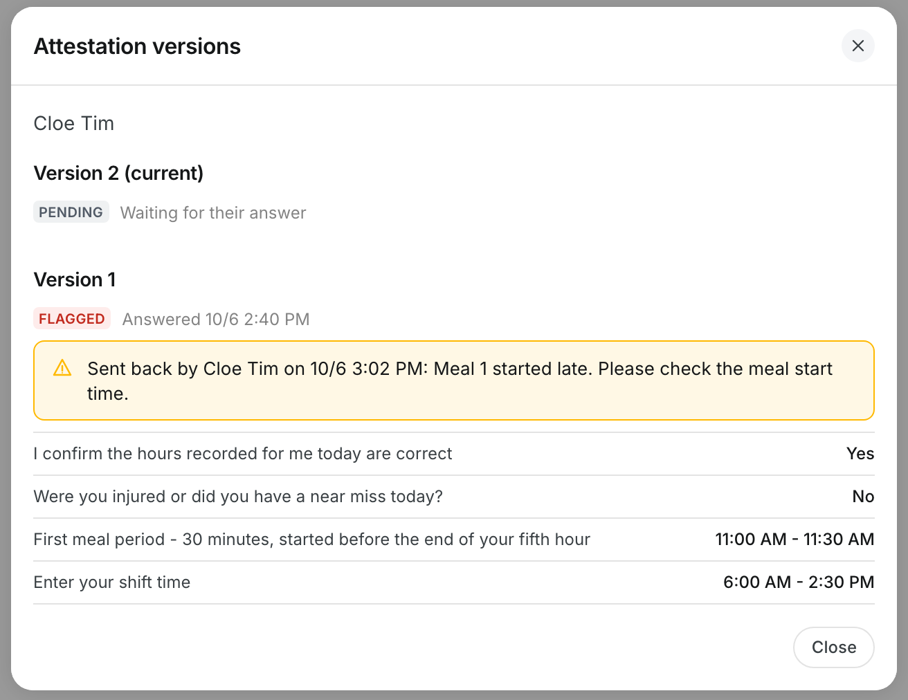 The Attestation versions window with a pending version 2 and a flagged version 1