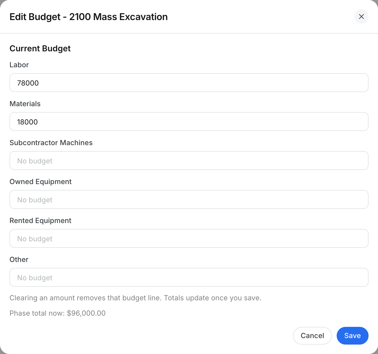 The Edit Budget window for phase 2100 Mass Excavation