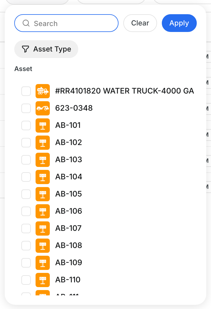 The Add Asset picker with search and Asset Type filter
