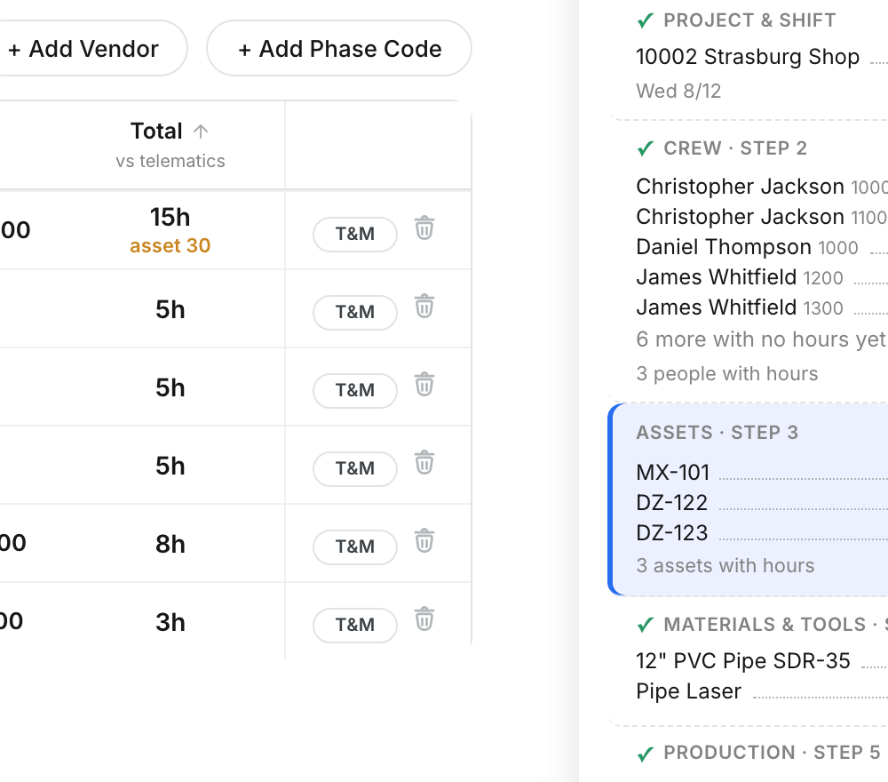 Total column with asset hours from telematics under the total
