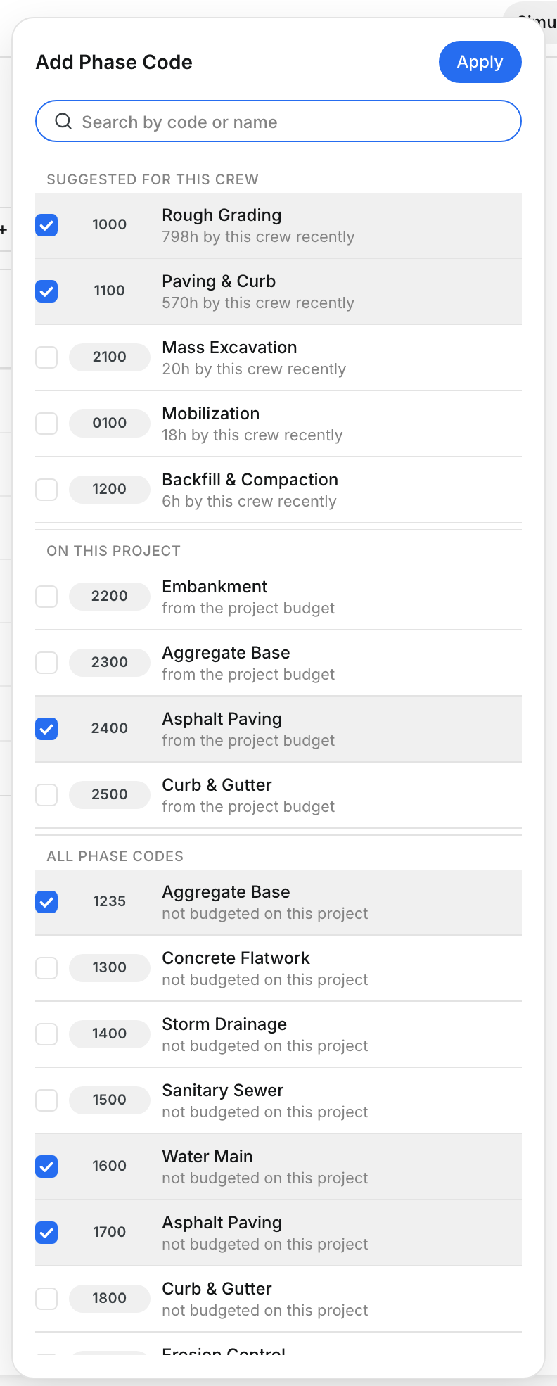 The Add Phase Code picker with suggested, project and all codes