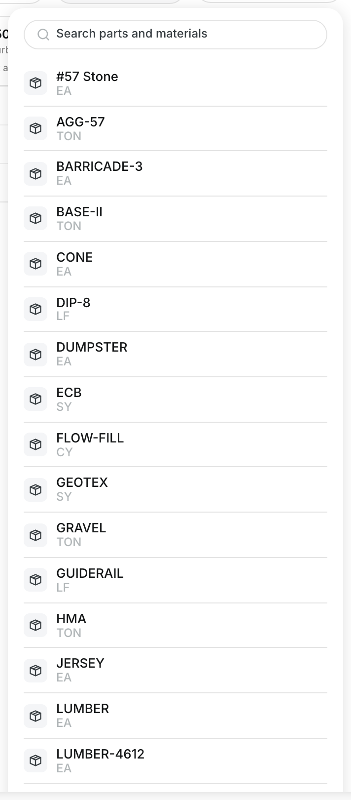 The Add Materials picker with parts and materials