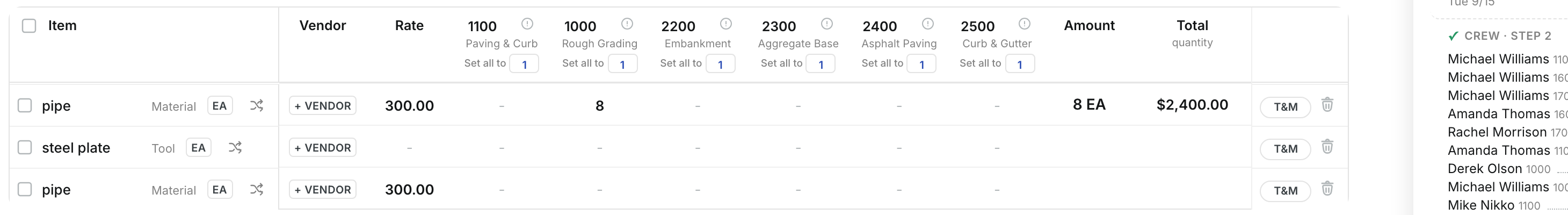 A material row with vendor, rate, quantity, amount and total