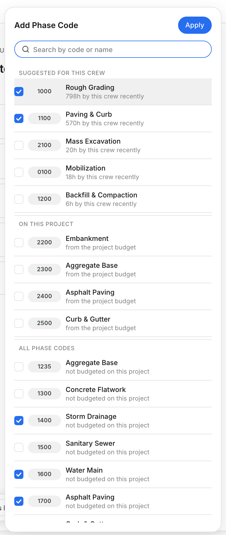 The Add Phase Code picker