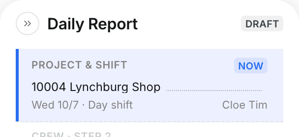 The Daily Report panel showing the project, date and Day shift