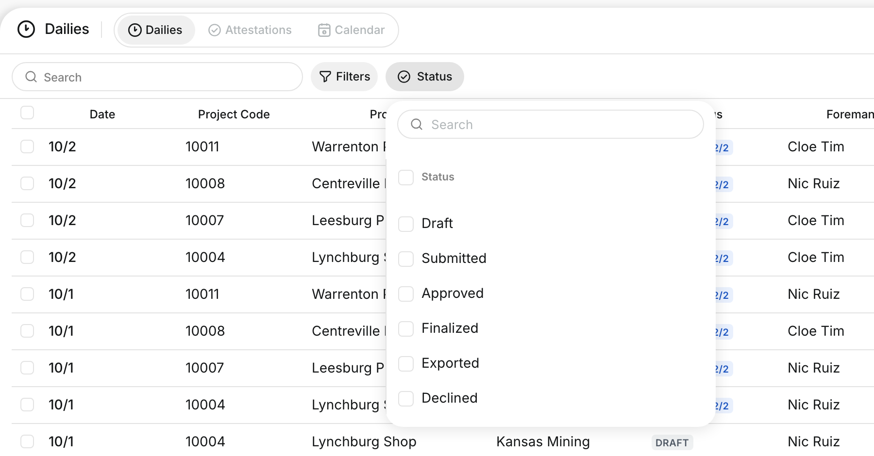 The Status filter open with Draft, Submitted, Approved, Finalized, Exported and Declined
