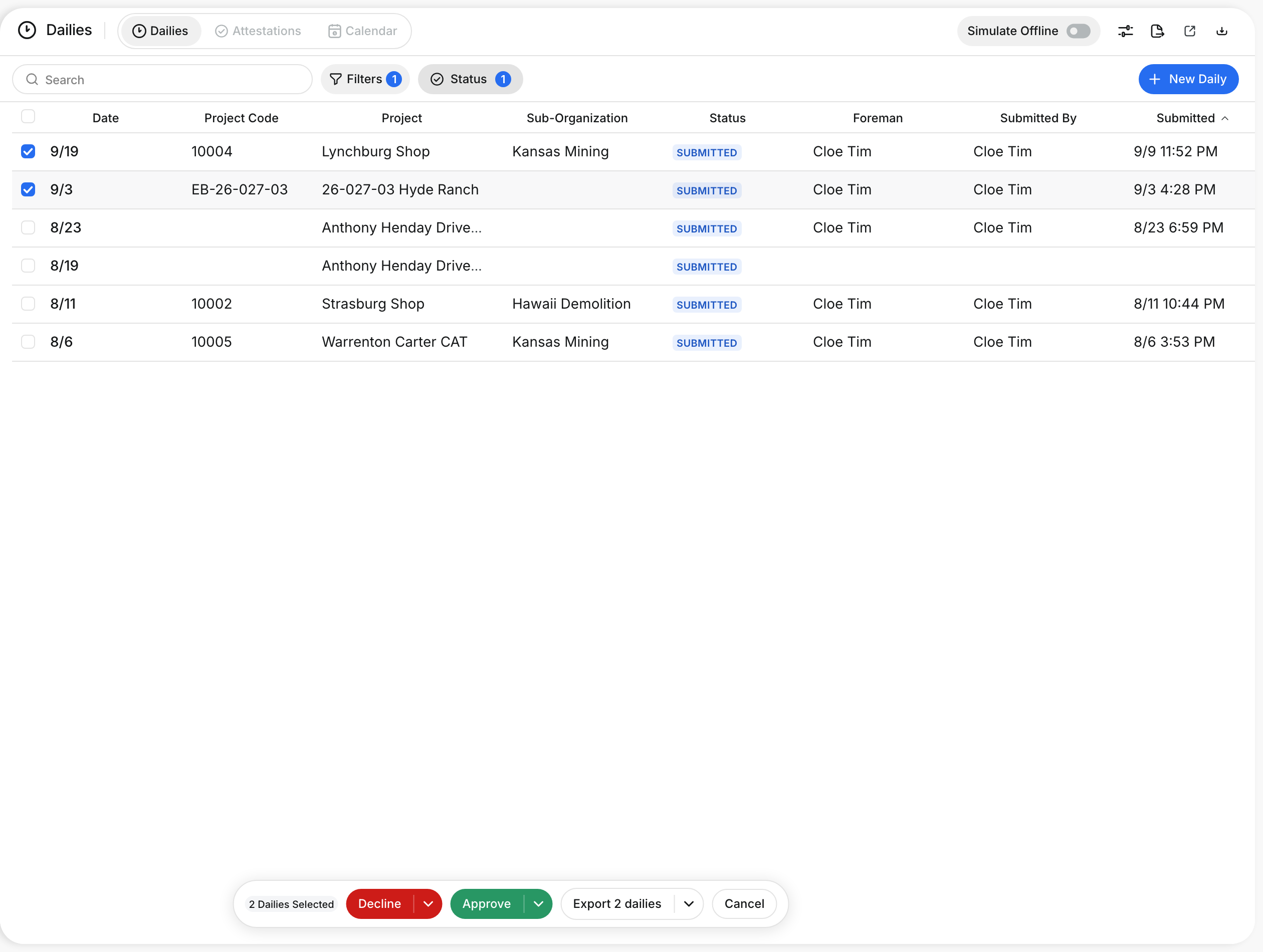 Two submitted dailies selected with the Decline, Approve and Export buttons