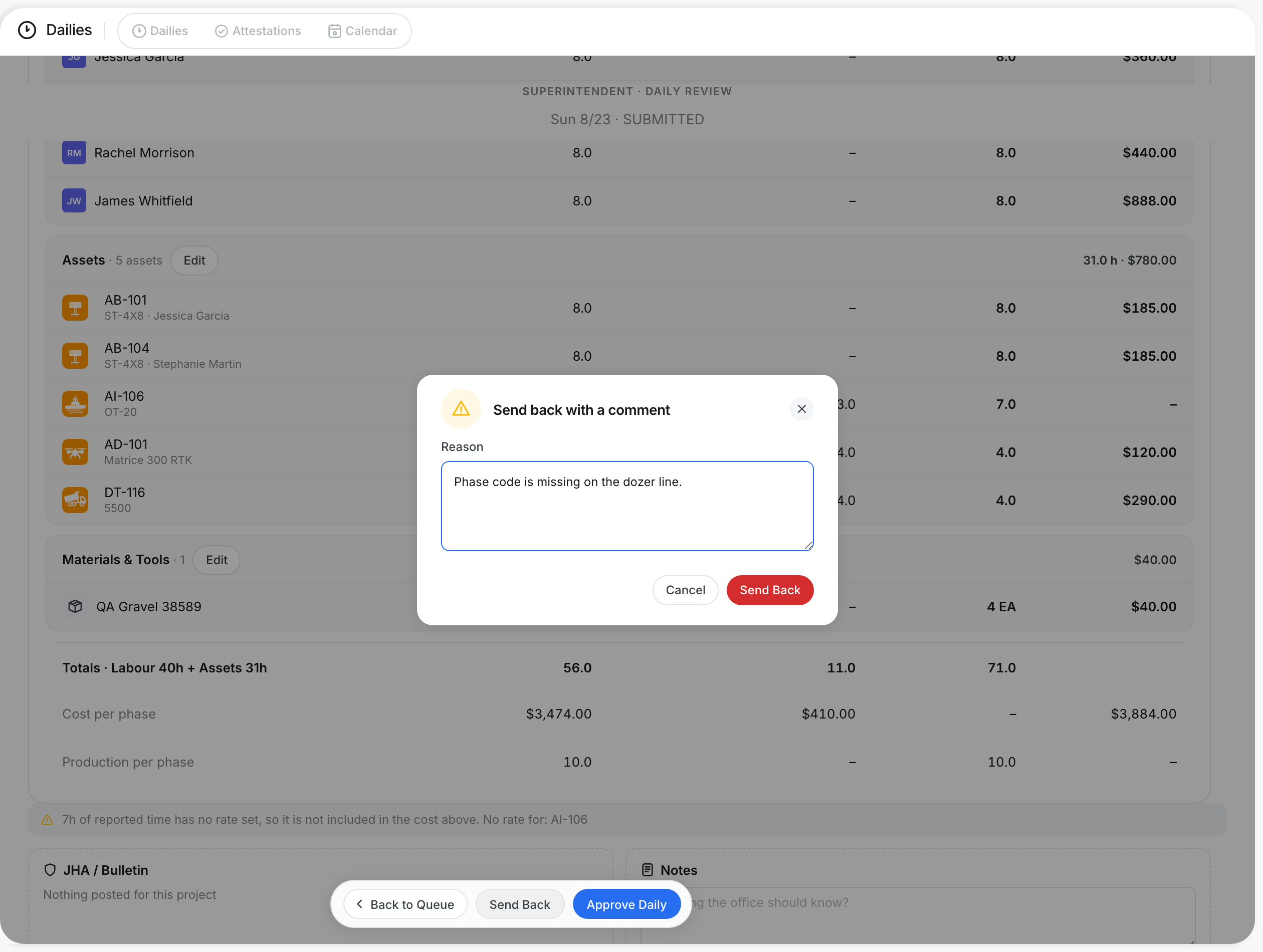 The Send back with a comment window with a reason typed