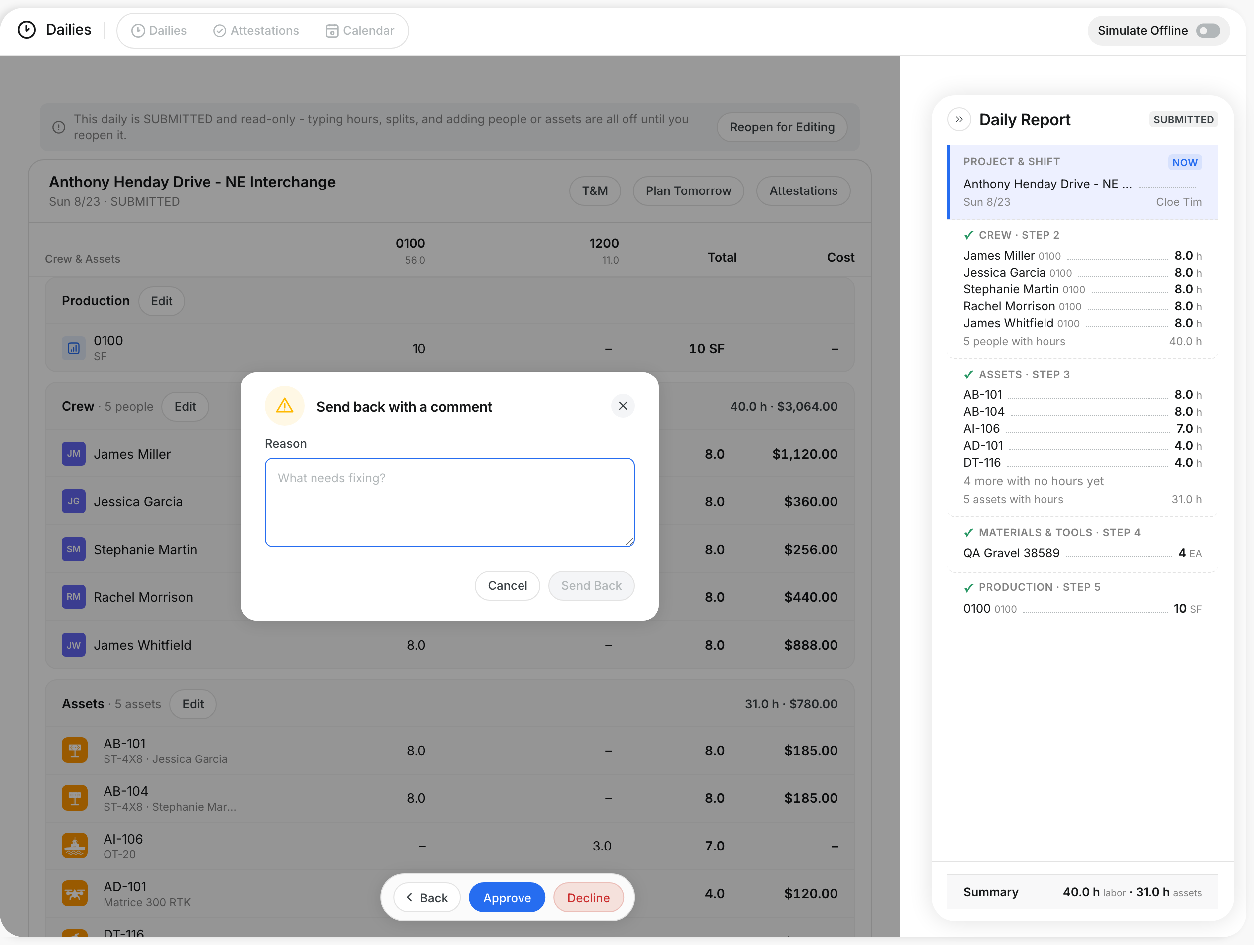 The Send back with a comment window over the daily report