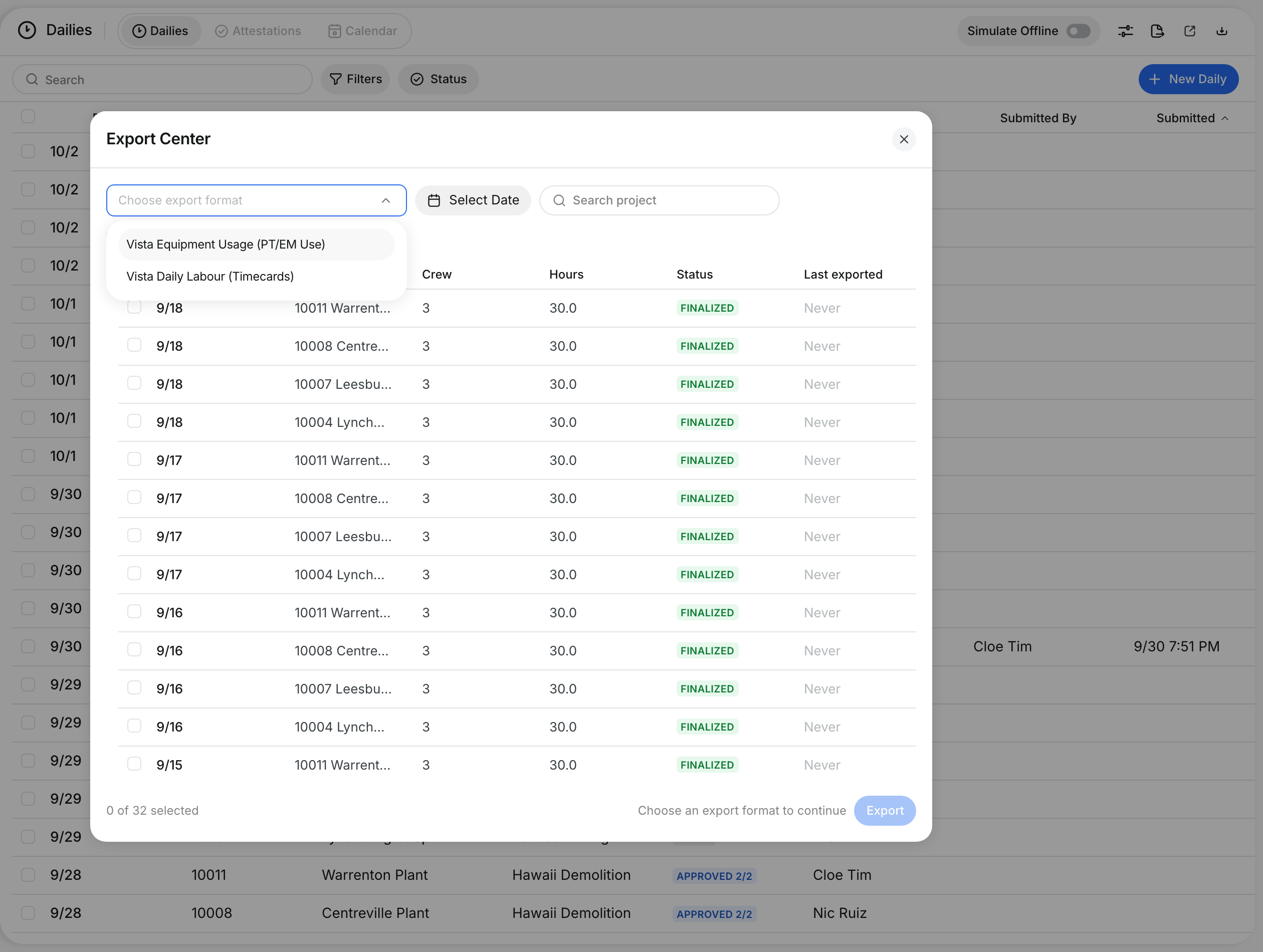 The export format list open with two formats