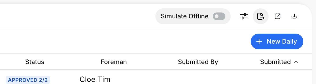 The Export icon next to Simulate Offline at the top of the list