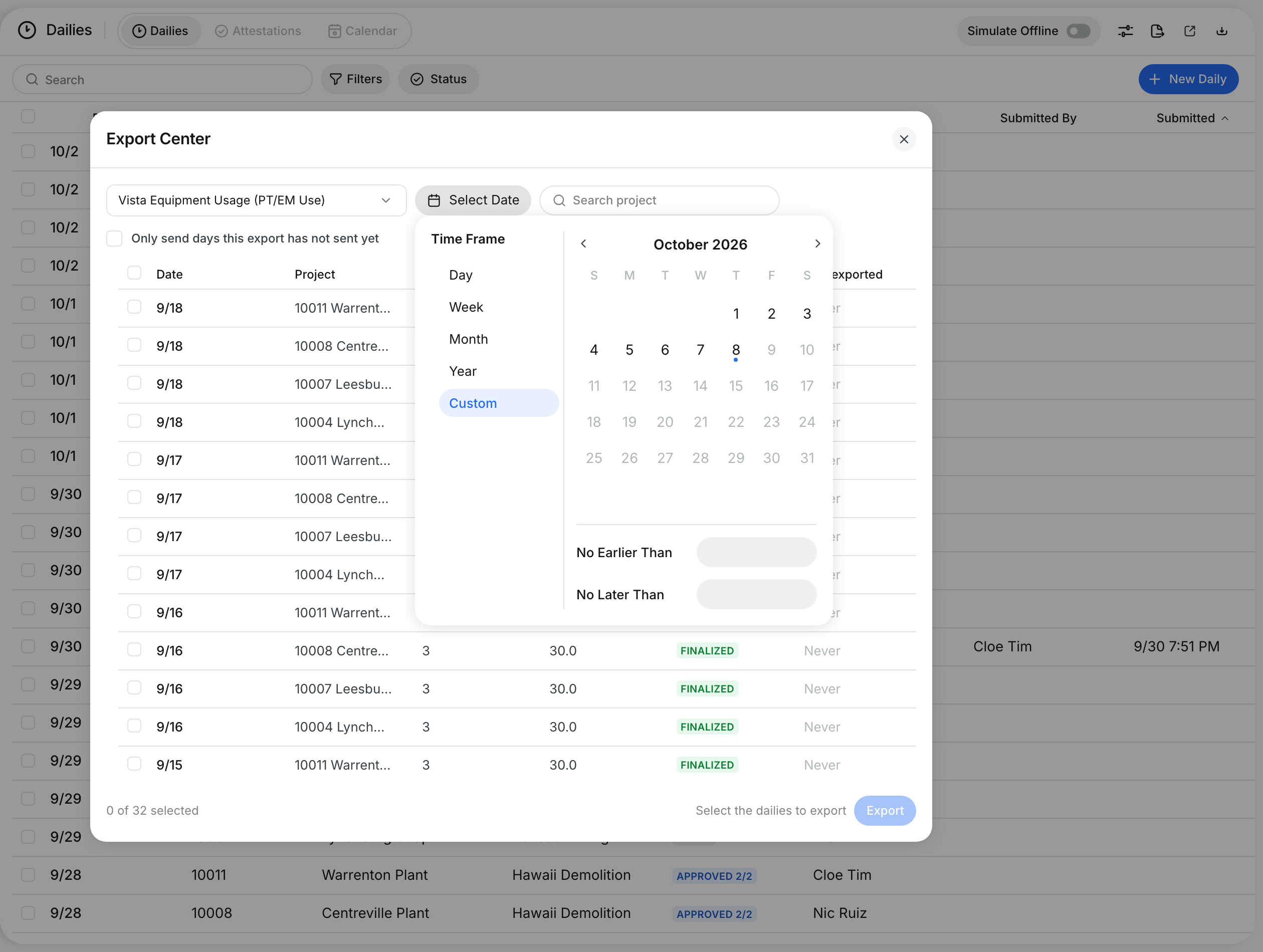 The date range calendar with Day, Week, Month, Year and Custom