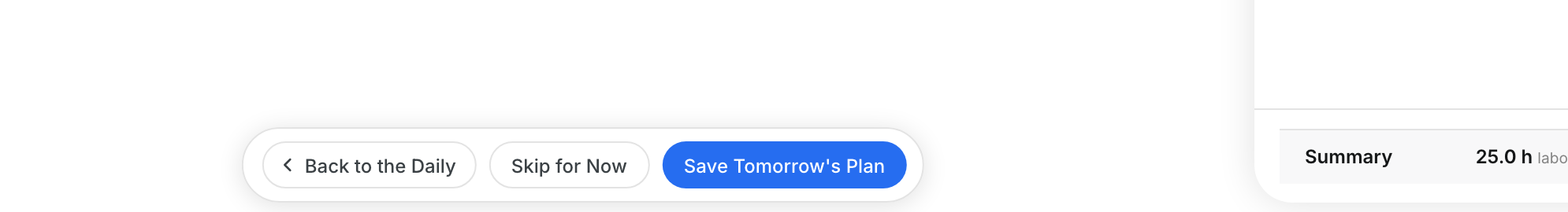 The Back to the Daily, Skip for Now and Save Tomorrow's Plan buttons
