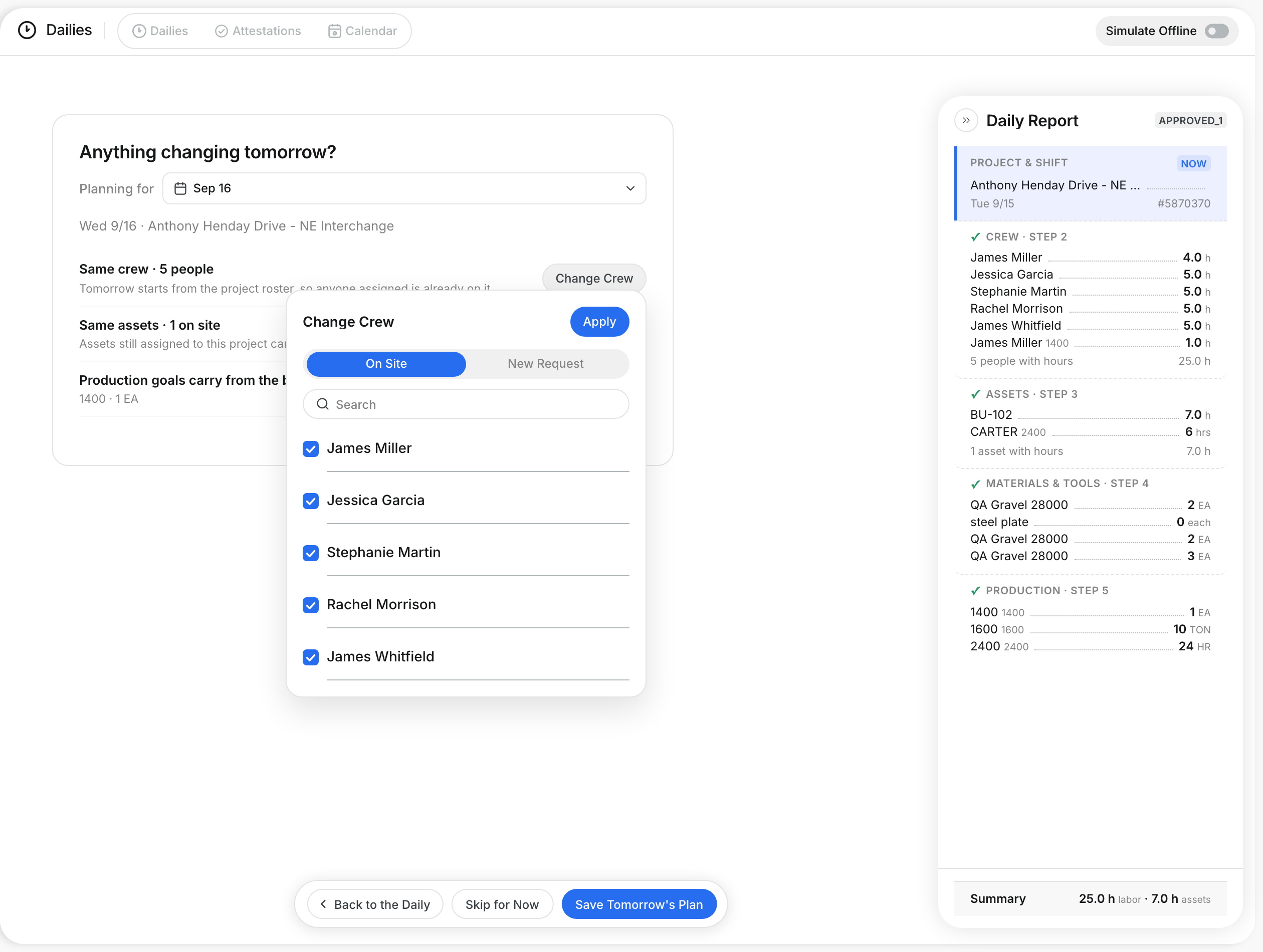 The Change Crew list with On Site and New Request tabs