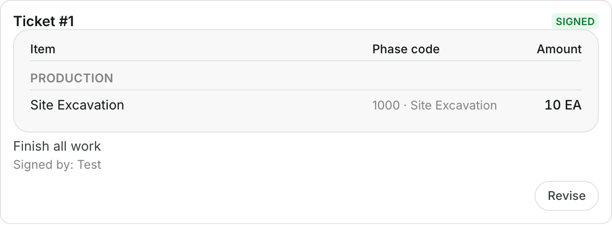 Ticket #1 signed by Test with the Revise button