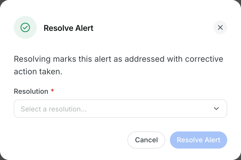 The Resolve Alert window with the Resolution list