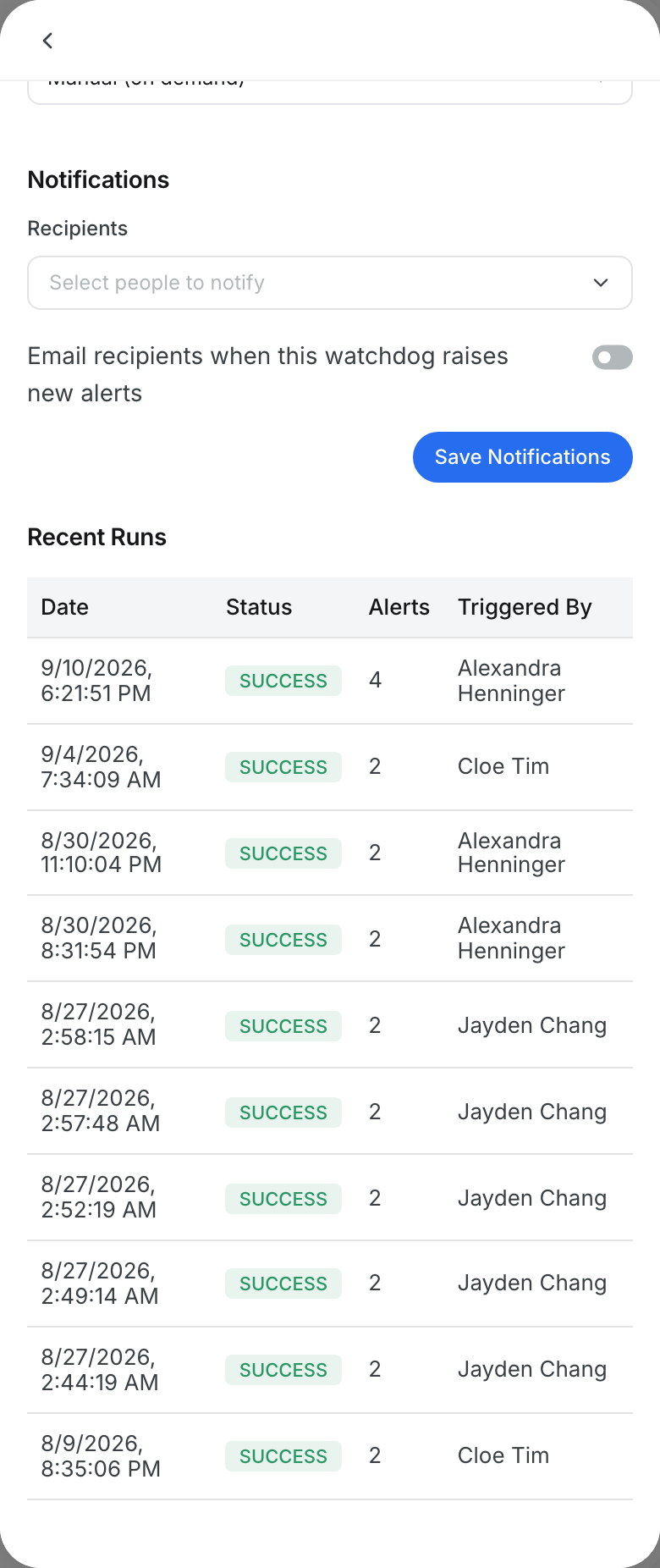The Notifications section of a watchdog