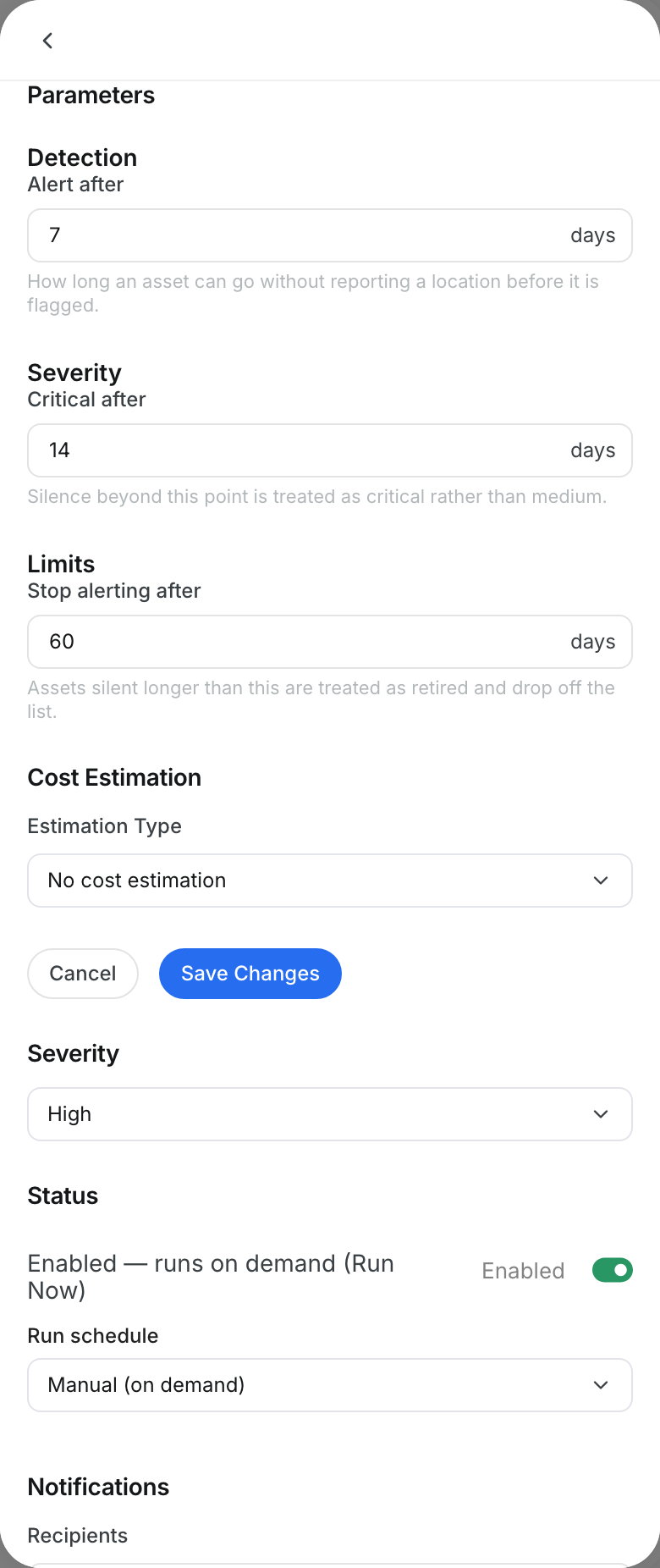 Parameters in edit mode with Cancel and Save Changes buttons
