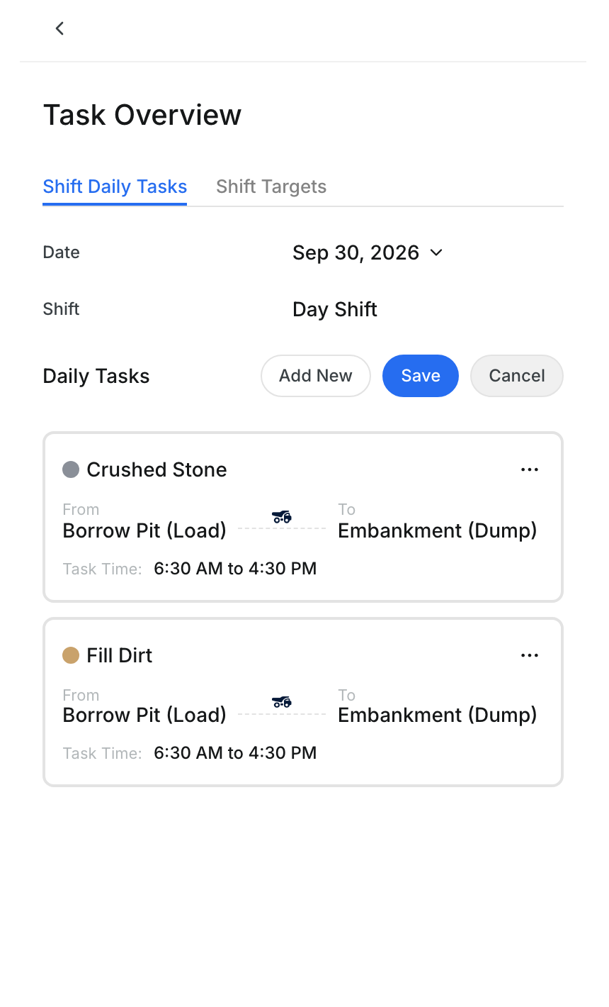 The Daily Tasks list in edit mode with Add New, Save and Cancel