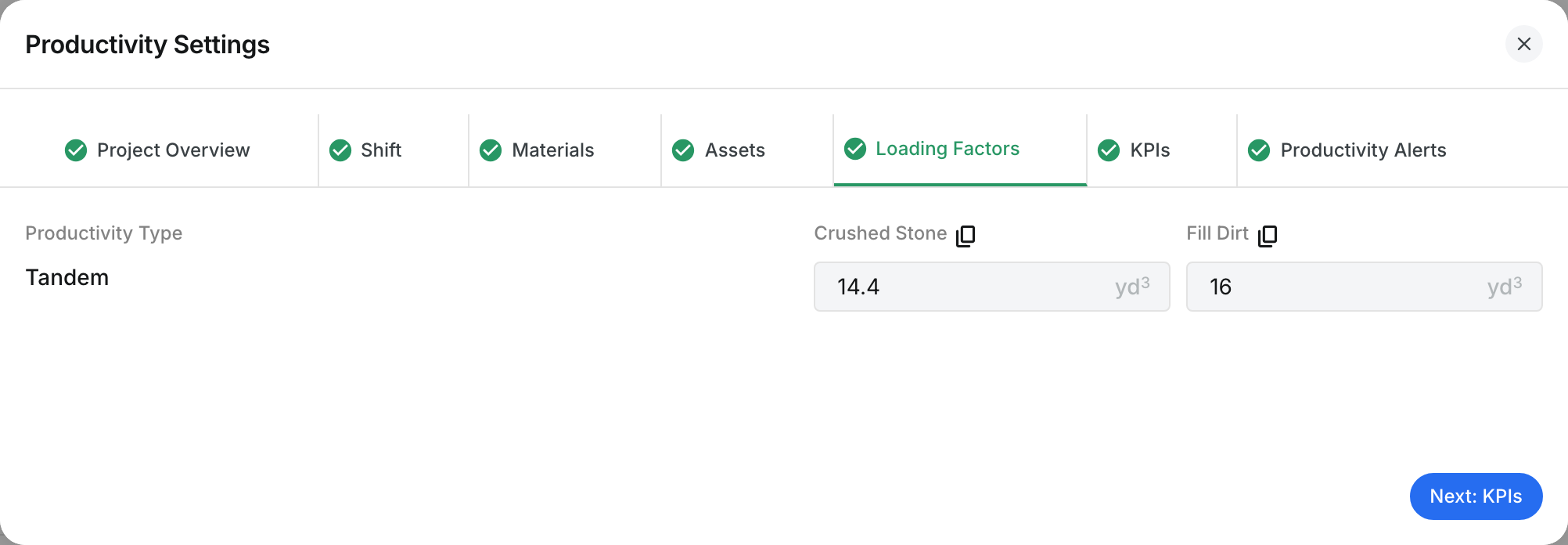 The Loading Factors tab with 14.4 yd³ for Crushed Stone and 16 yd³ for Fill Dirt