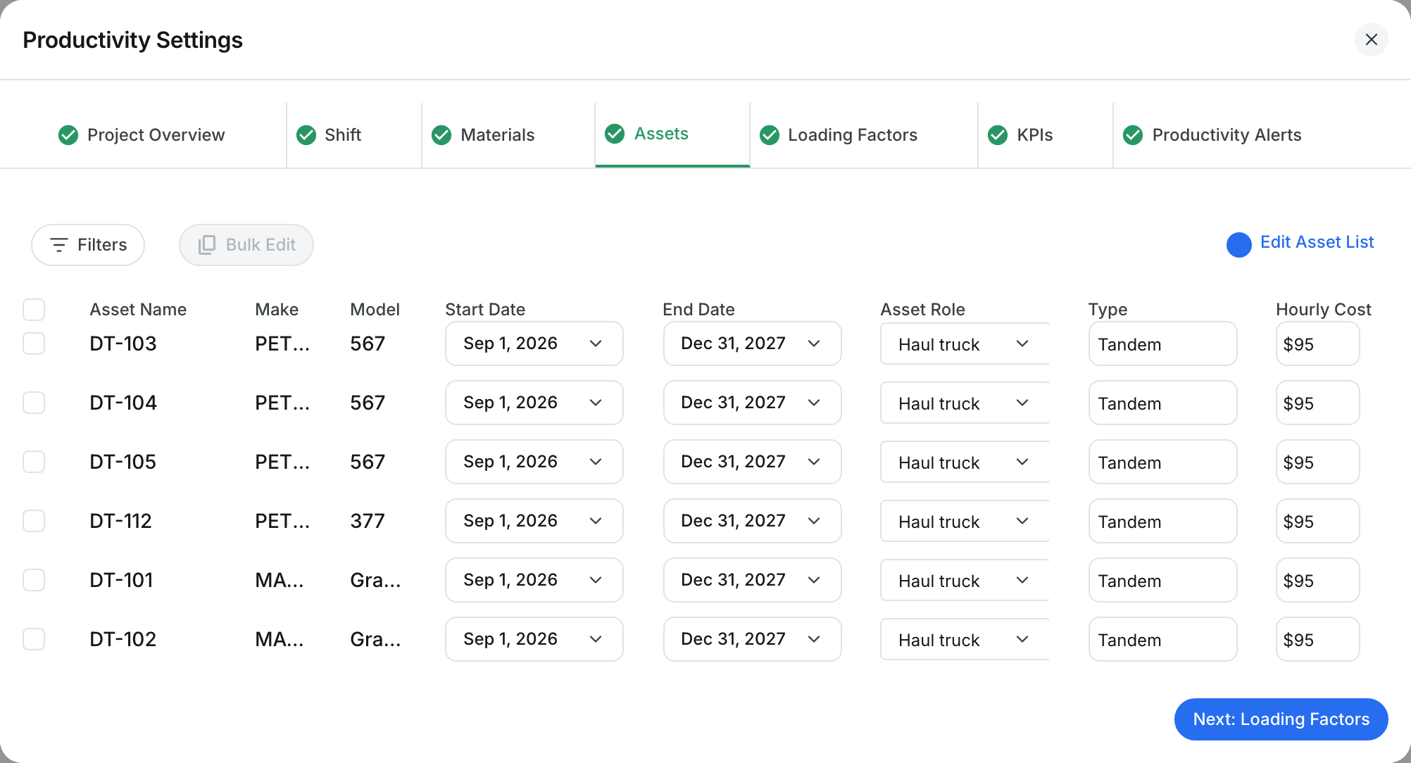 The Assets tab with six haul trucks, their dates, roles, types and hourly costs