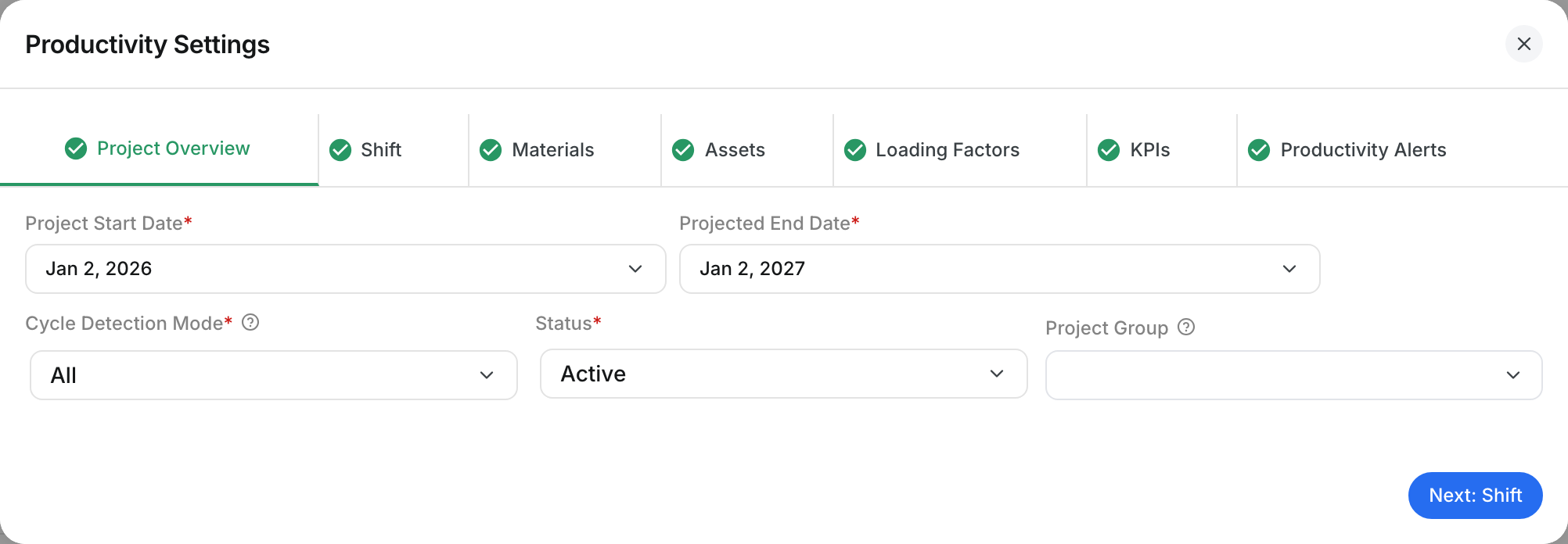 The Project Overview tab with Project Start Date, Projected End Date and Cycle Detection Mode