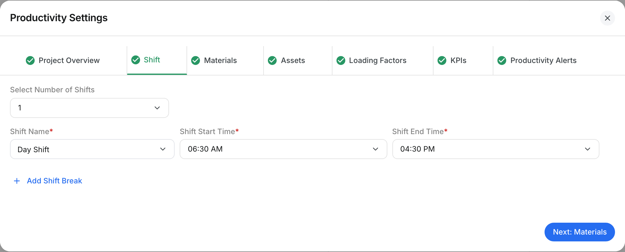 The Shift tab with Day Shift from 06:30 AM to 04:30 PM
