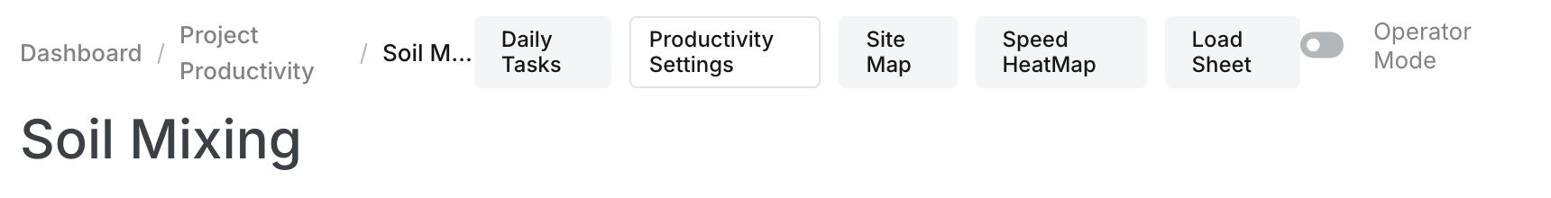 The project buttons Daily Tasks, Productivity Settings, Site Map, Speed HeatMap, Load Sheet and Operator Mode