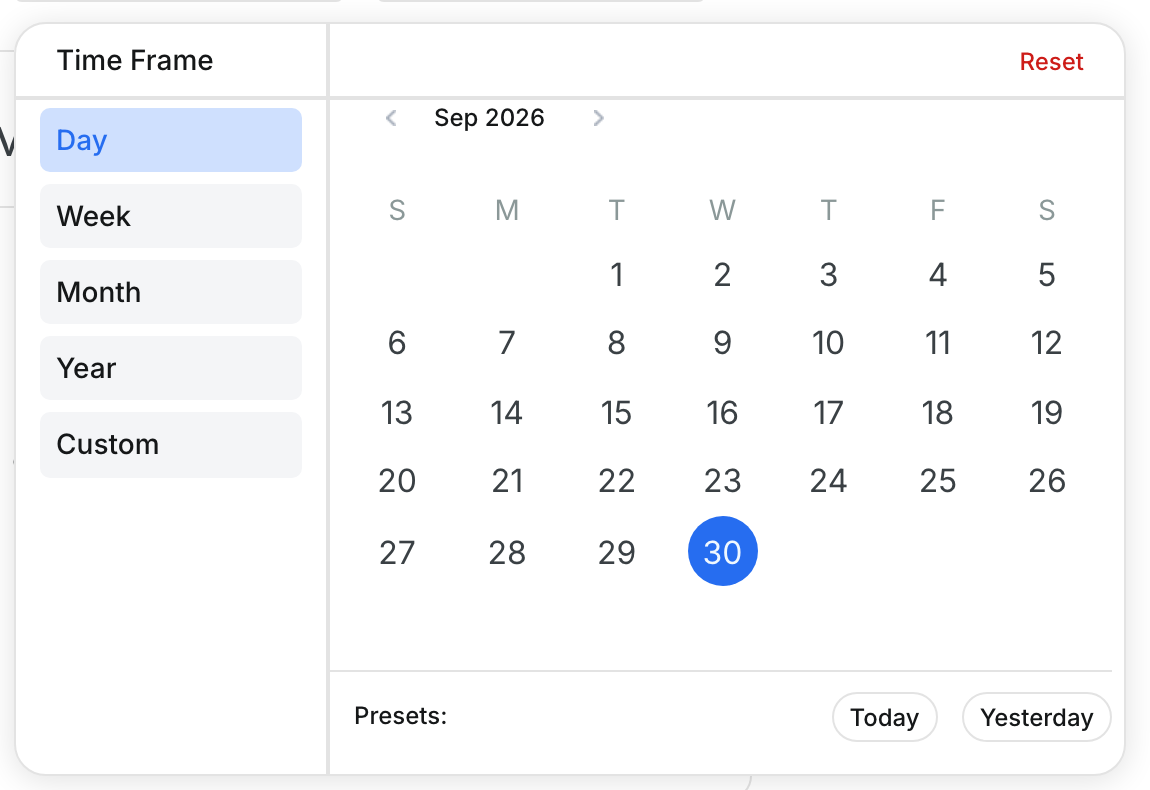 The date picker with the Time Frame list and the September 2026 calendar