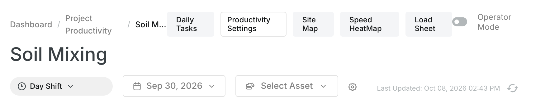 Project page with the shift and date boxes