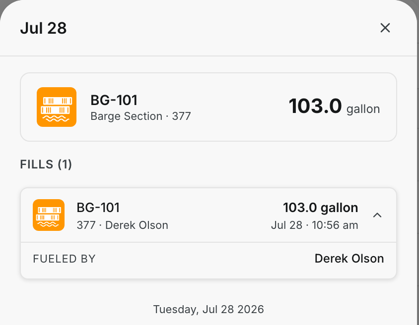 Fills panel for July 28 showing one fill of 103.0 gallons on BG-101, fueled by Derek Olson at 10:56 am