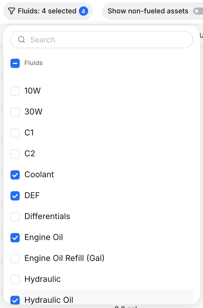 Fluids list with Coolant, DEF, Engine Oil and Hydraulic Oil selected