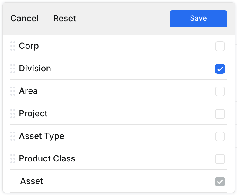 Data Structure menu with Division and Asset selected, and Corp, Area, Project, Asset Type and Product Class cleared