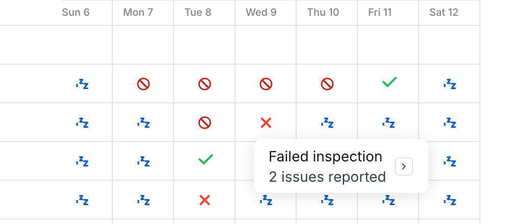 Tooltip on a red cross for Wednesday 9 that reads Failed inspection, 2 issues reported, with an arrow to open it