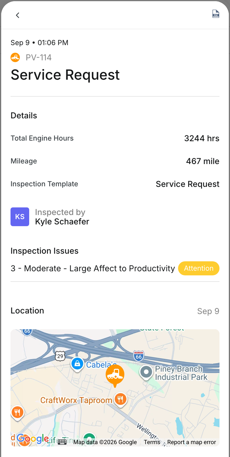Inspection panel for PV-114 on Sep 9 with the Service Request template, Inspected by Kyle Schaefer, one Attention issue and a location map