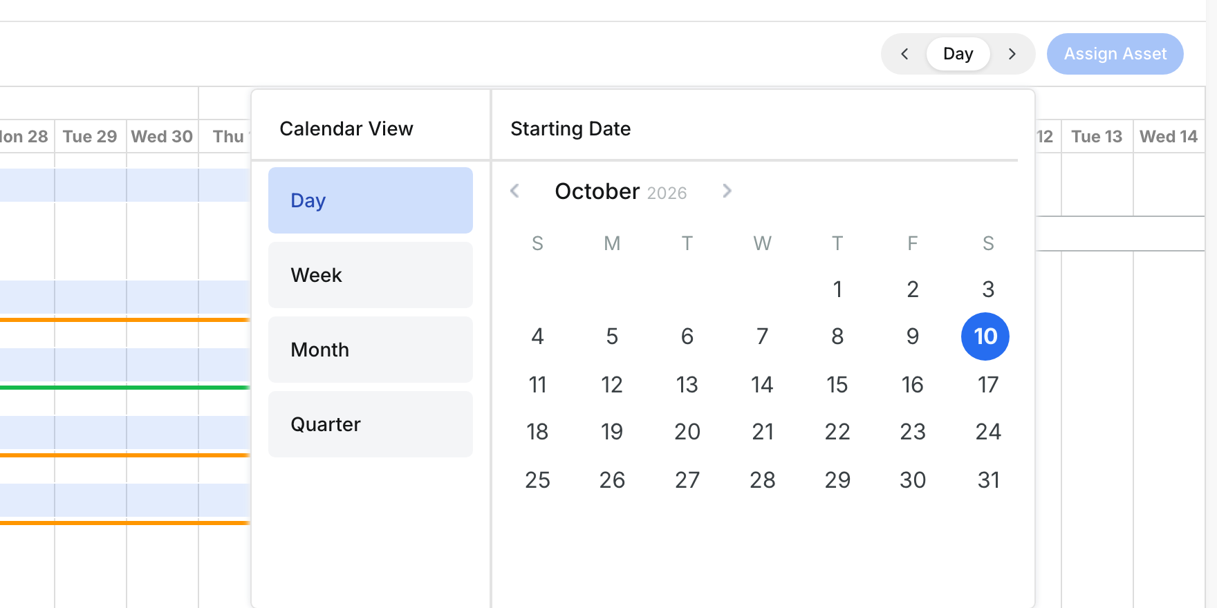 Calendar View panel with Day, Week, Month and Quarter and a date picker