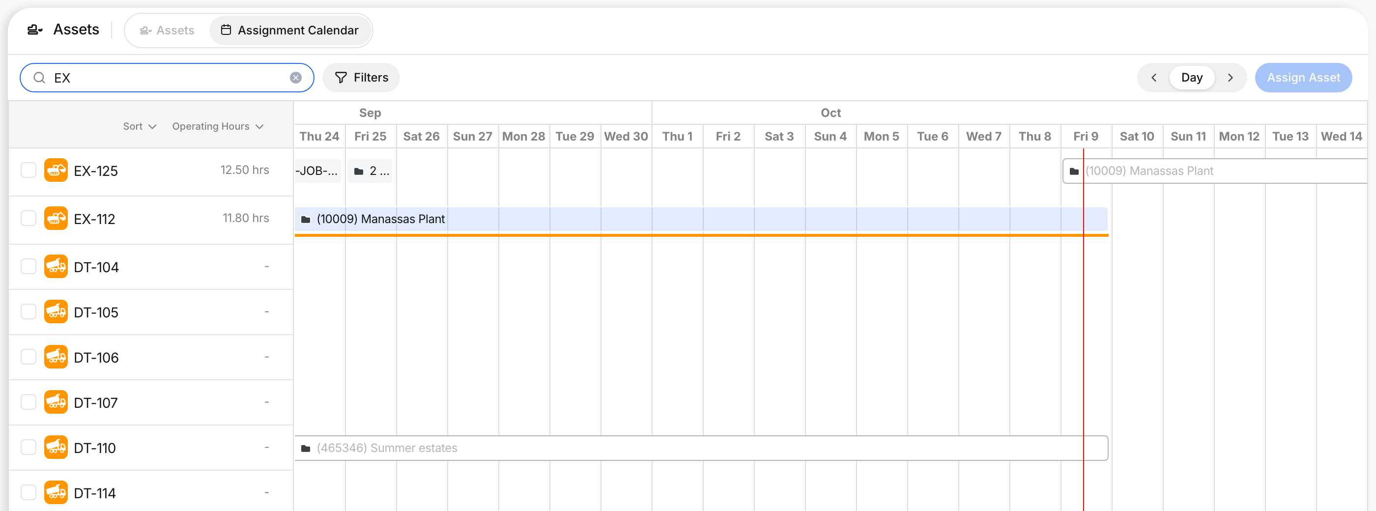 Search box filtering the calendar to matching assets