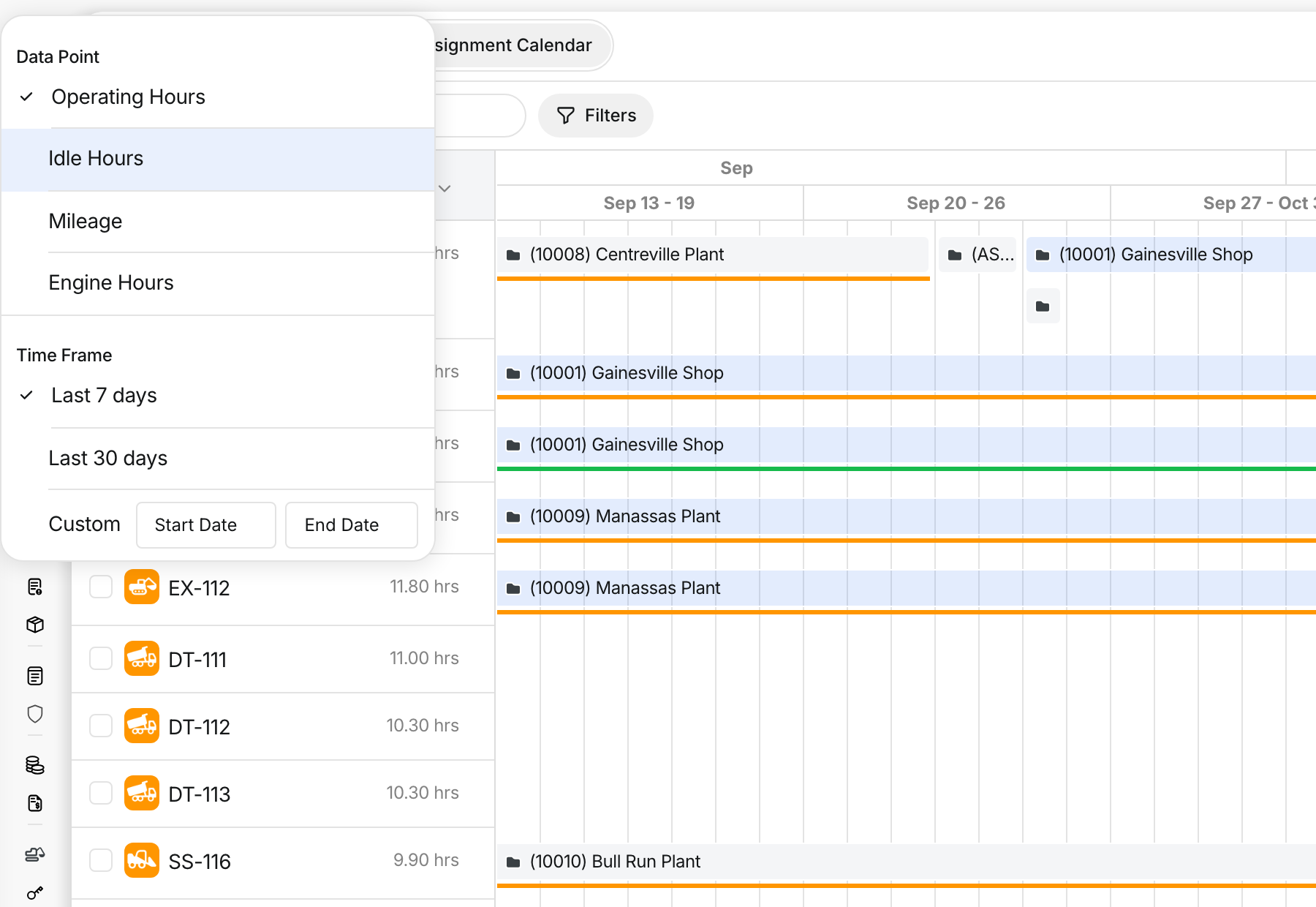 Data point menu with operating hours, idle hours, mileage, engine hours and time frame