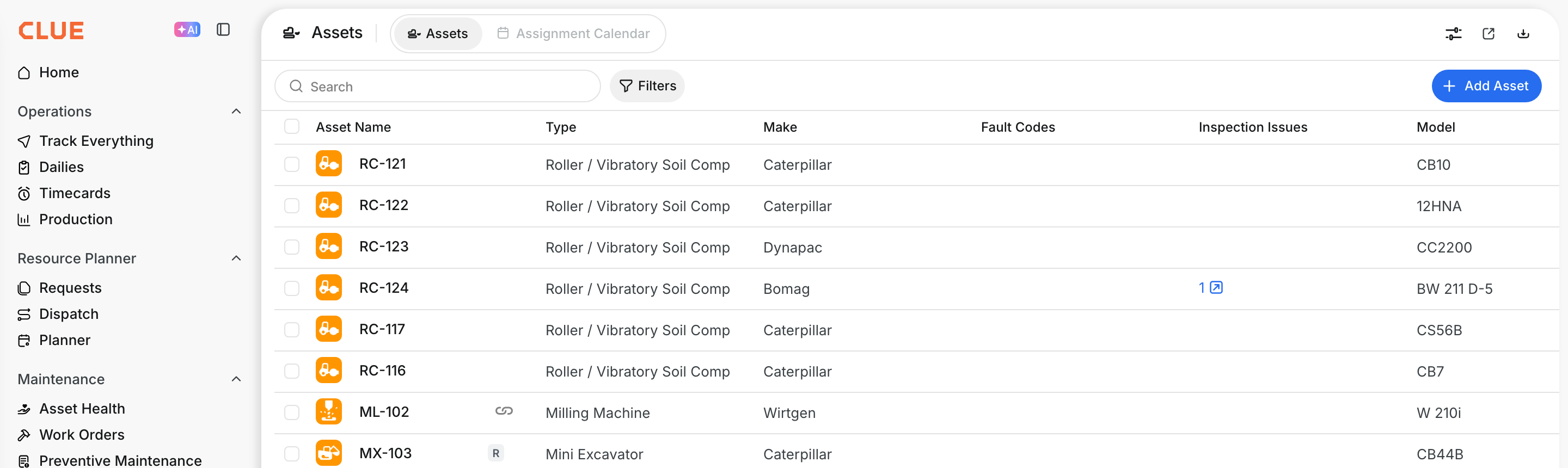 Assets page with the Assets and Assignment Calendar tabs
