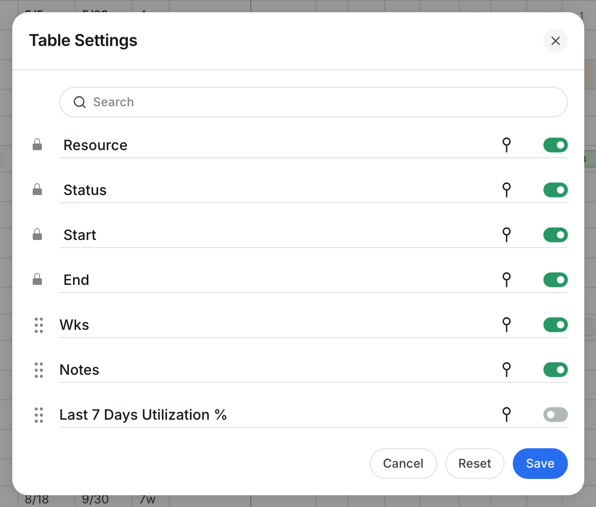 Table Settings window with column switches