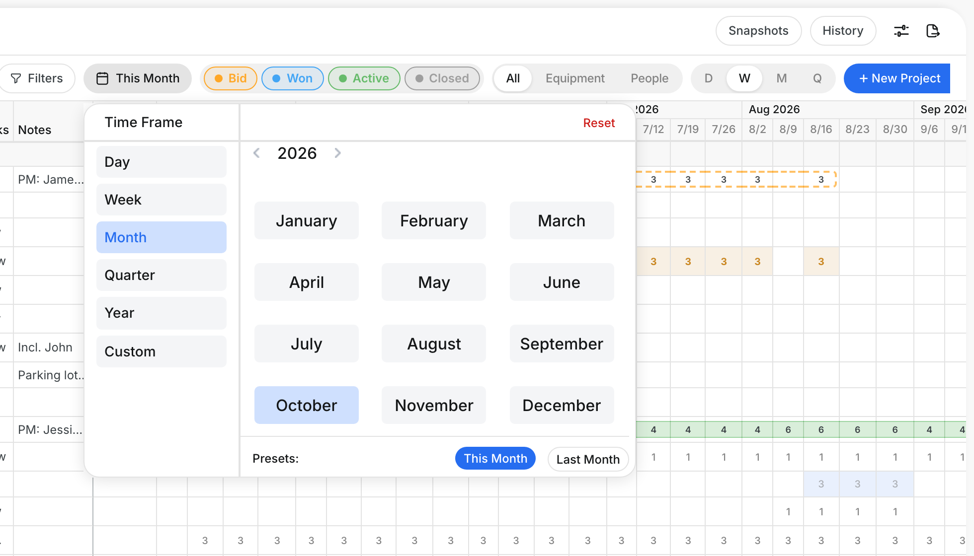 Date selector with time frames and months