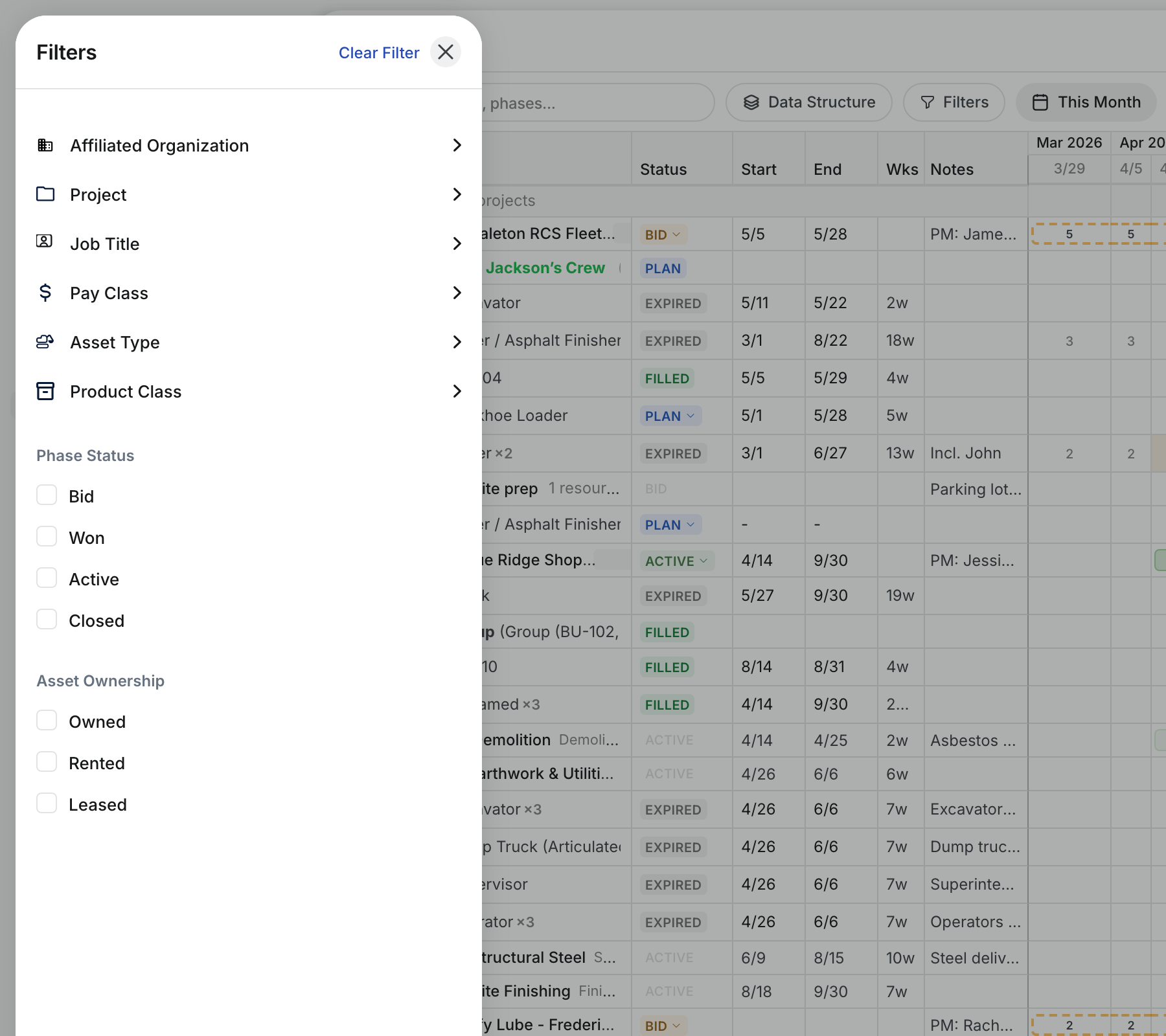 Planner Filters panel