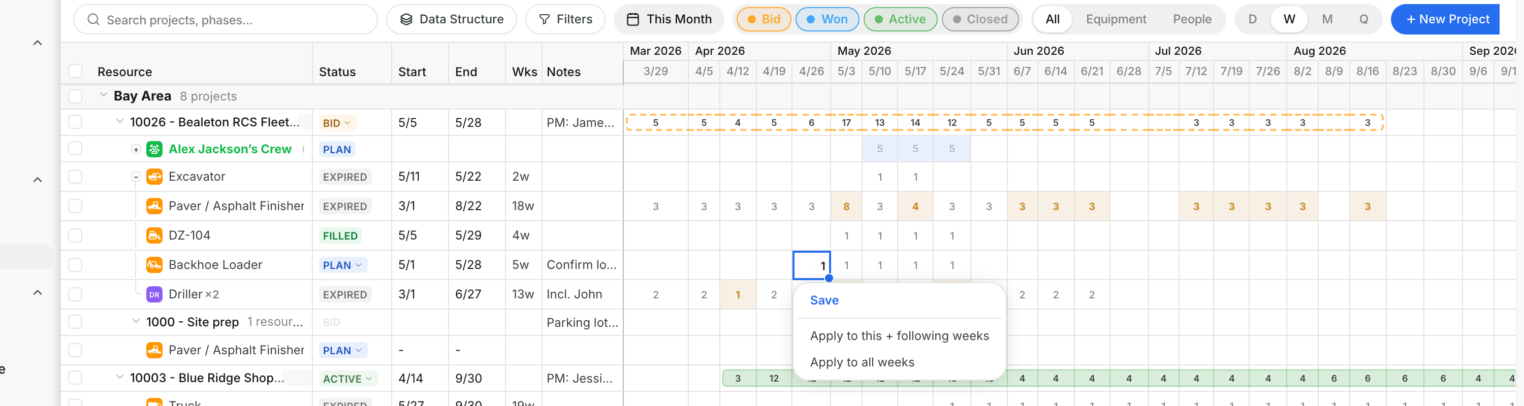 Quantity editor with Save, Apply to this + following weeks and Apply to all weeks