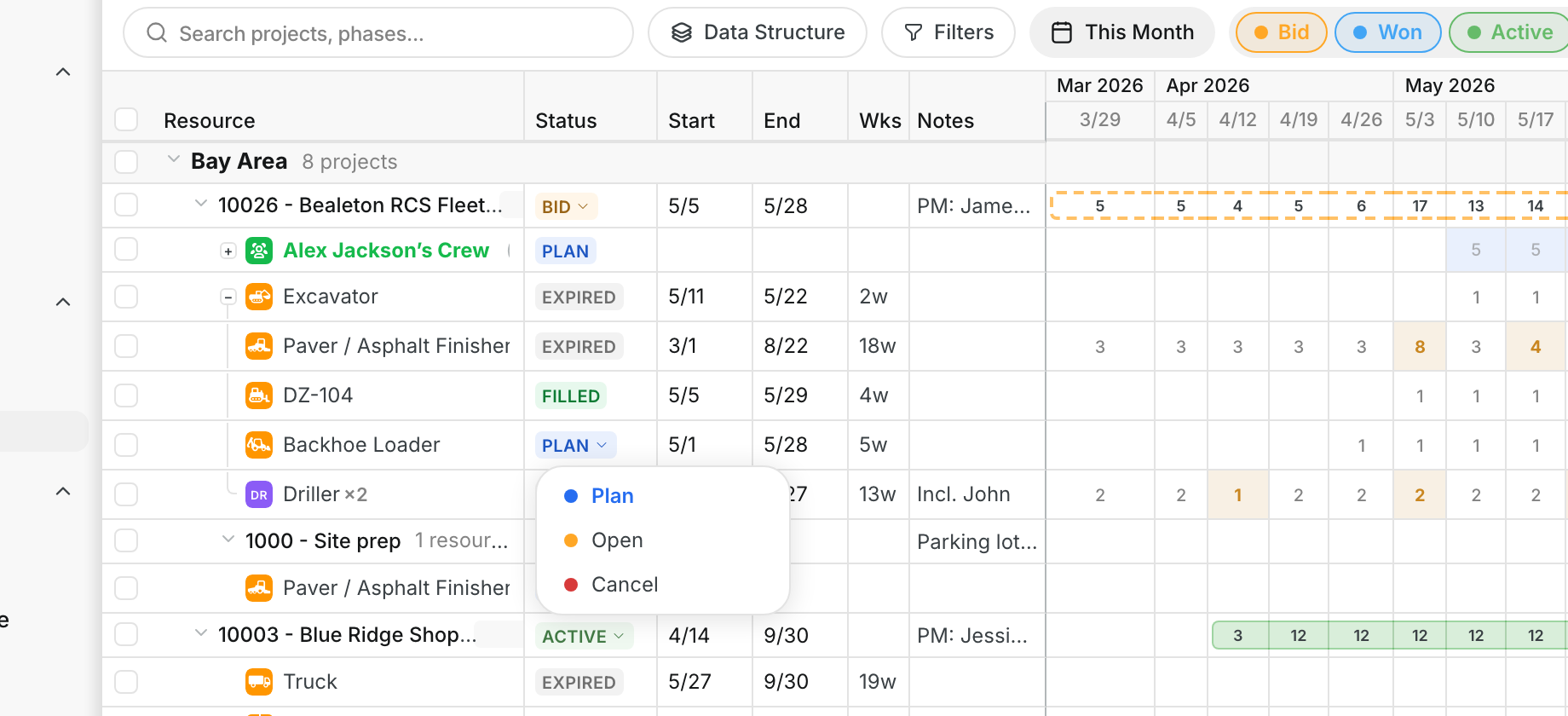 Resource status menu with Plan, Open and Cancel
