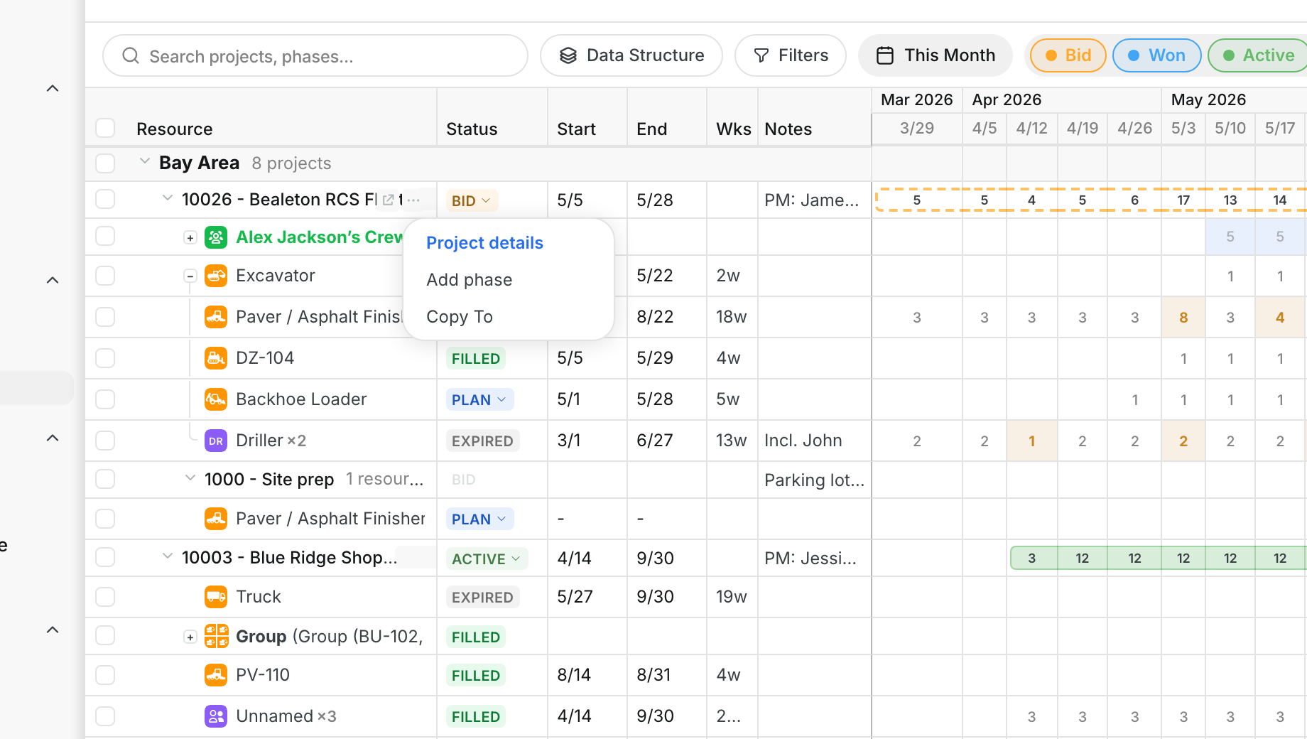 Project actions menu with Project details, Add phase and Copy To