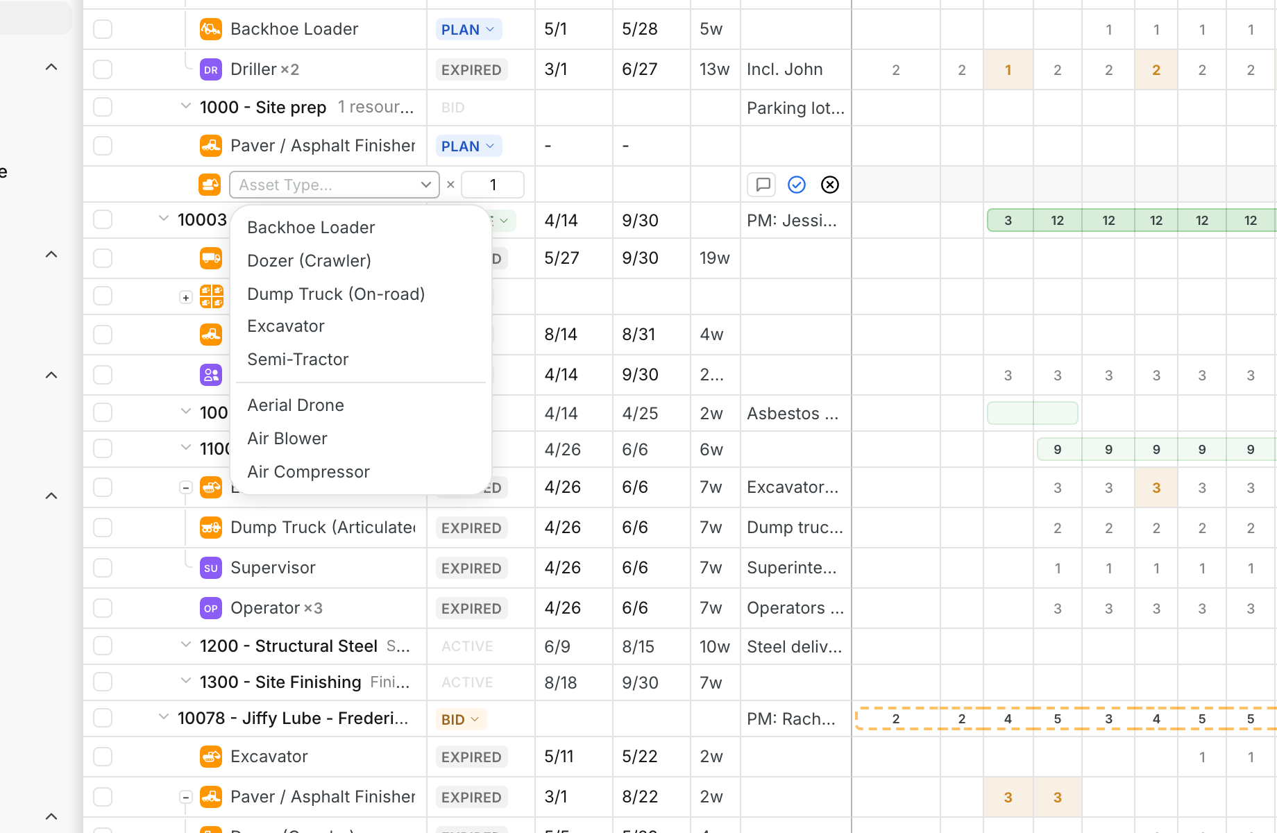 New resource row with the asset type list open