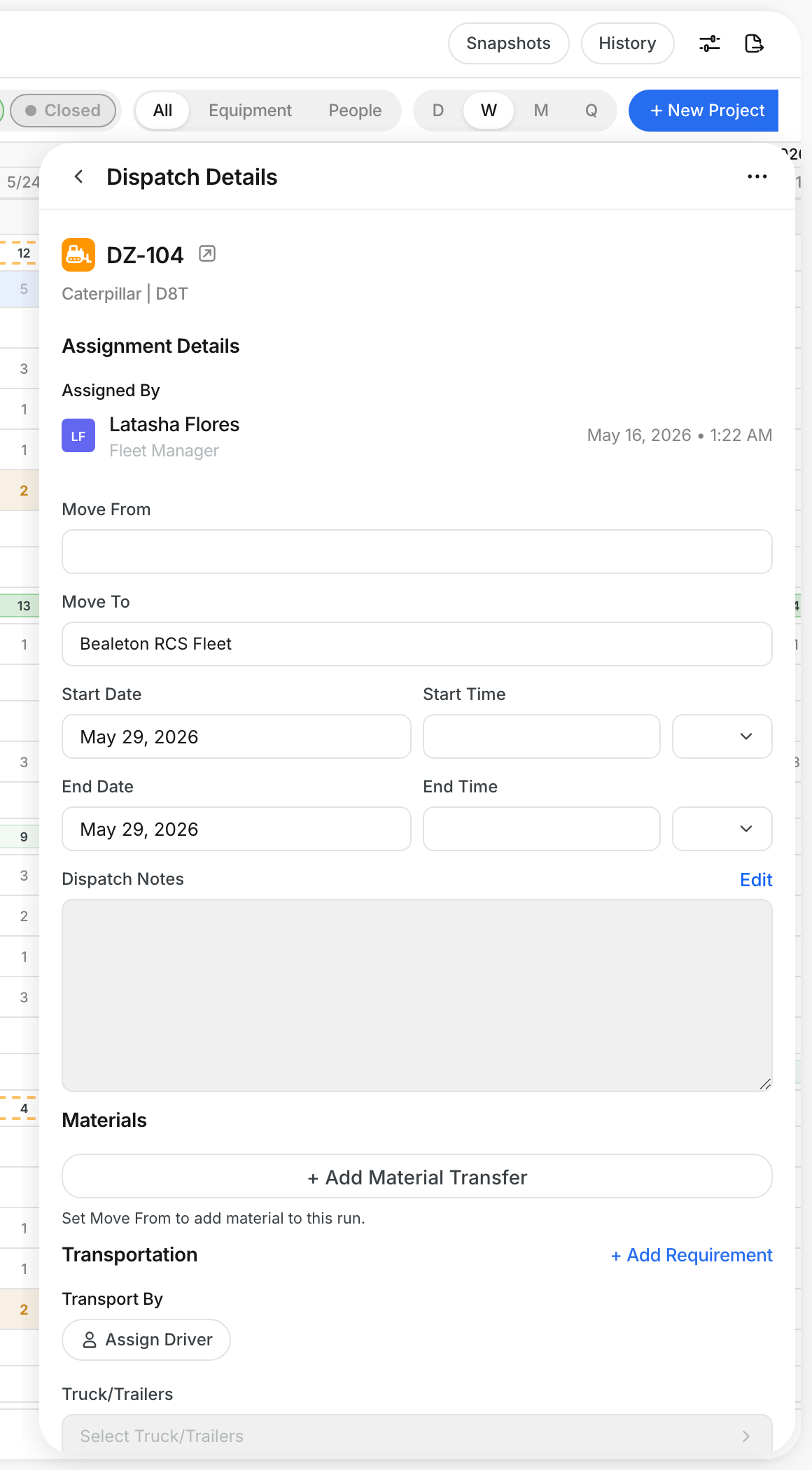 Dispatch Details panel for an assigned asset