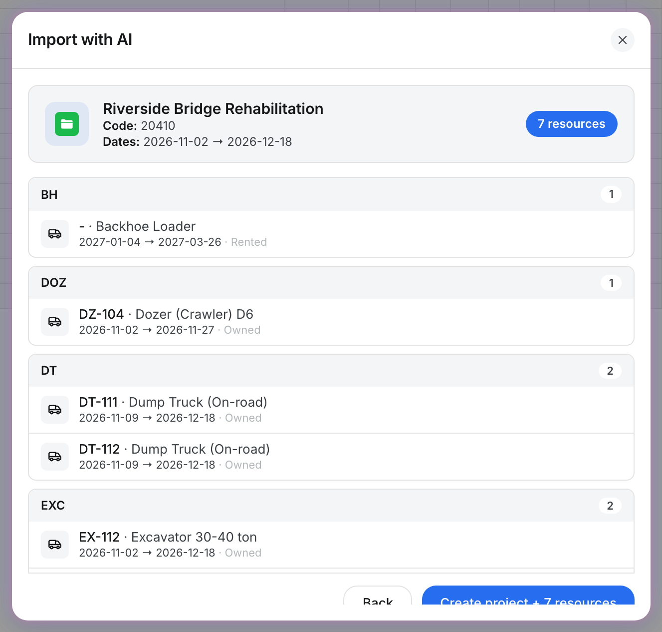 Import preview with resources grouped by class