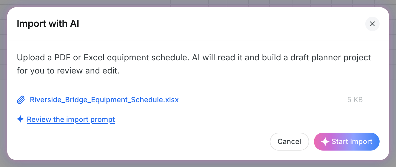 Import with AI window with a schedule file ready to import