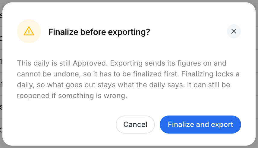 The Finalize before exporting? message with Cancel and Finalize and export